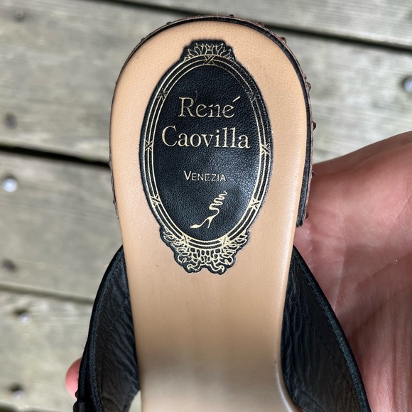 Rene Caovilla Satin Crystal & Wood Embellished Thong Sandal Heels Sz 37.5 Italy - Picture 3 of 16